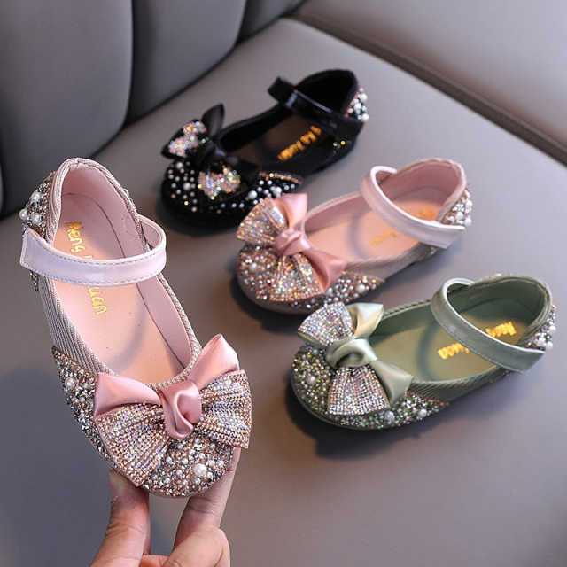 Children Shoes Rhinestone Leather Bow Princess Girls Party Dance Shoes