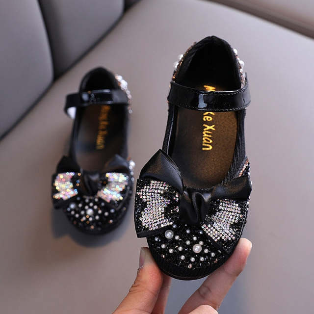 Children Shoes Rhinestone Leather Bow Princess Girls Party Dance Shoes