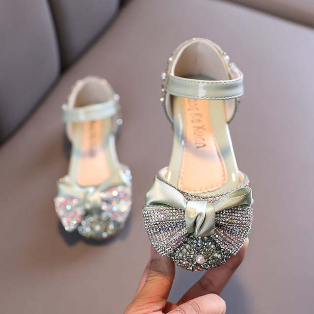 Children Shoes Rhinestone Leather Bow Princess Girls Party Dance Shoes