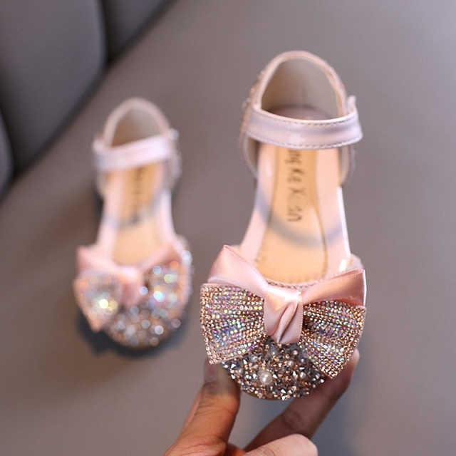Children Shoes Rhinestone Leather Bow Princess Girls Party Dance Shoes