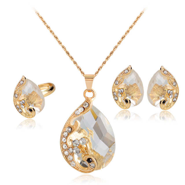 Fashion Women Elegant Peacock Waterdrop Rhinestone Pendant Necklace Earrings Ring Crystal Jewelry
