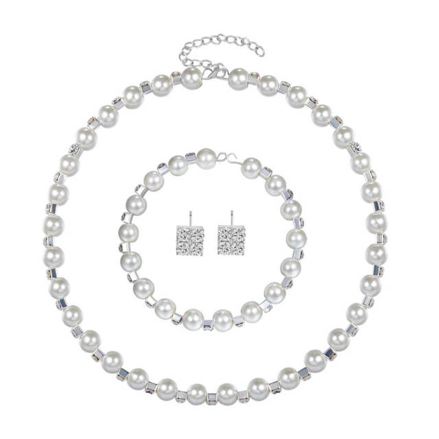 Wedding Bridal Simulated Pearl Necklace Bracelet Earrings Jewelry Set for Women Fashion Zircon Jewelry Sets