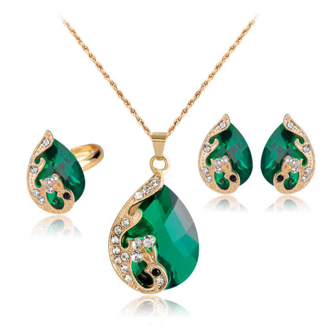 Fashion Women Elegant Peacock Waterdrop Rhinestone Pendant Necklace Earrings Ring Crystal Jewelry