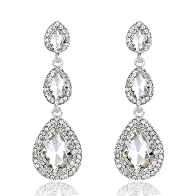 Womens Crystal Teardrop Pear Shape Earrings 2.4 Inch Bridal Wedding Diamond Earrings Long Dangle Earrings