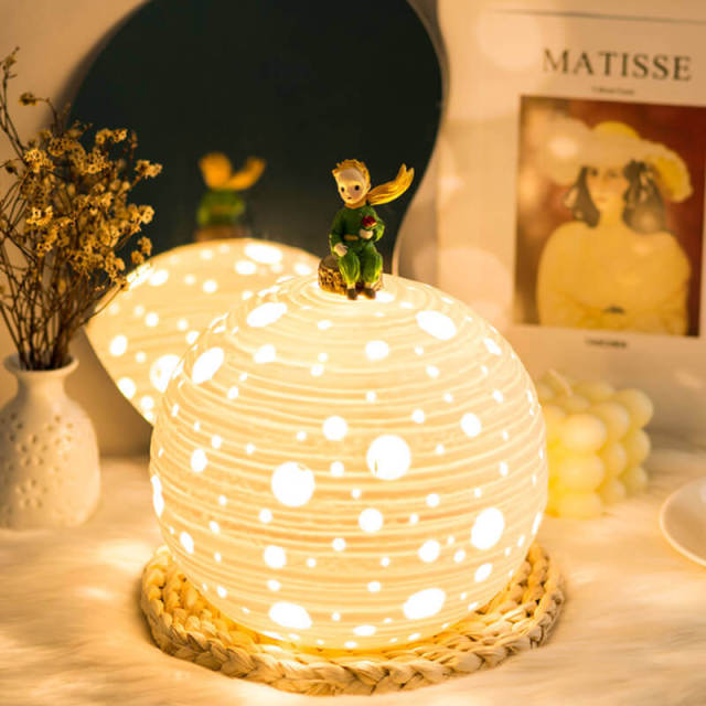 Little Prince Planet Lights,Ceramic Planet Ambient Lamp Decorative Table Lamp,Bedroom Bedside 3-Color Dimming Baby Nightlight