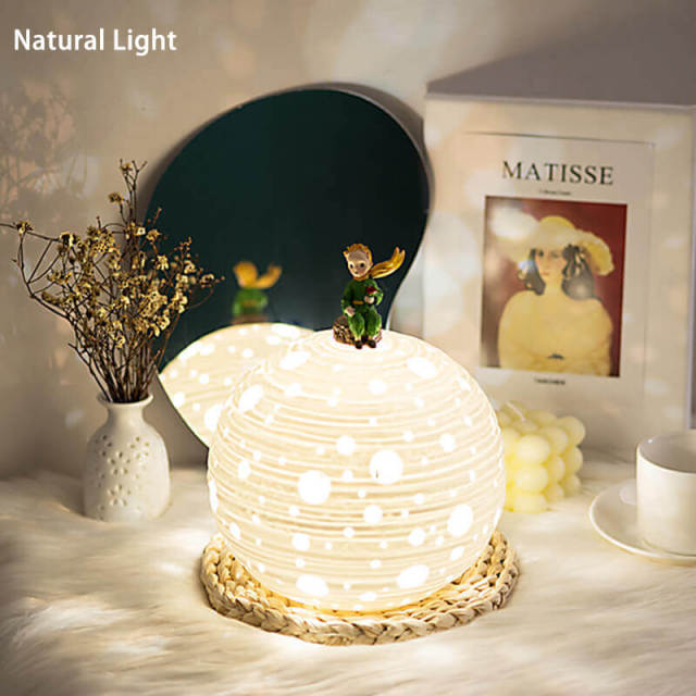 Little Prince Planet Lights,Ceramic Planet Ambient Lamp Decorative Table Lamp,Bedroom Bedside 3-Color Dimming Baby Nightlight