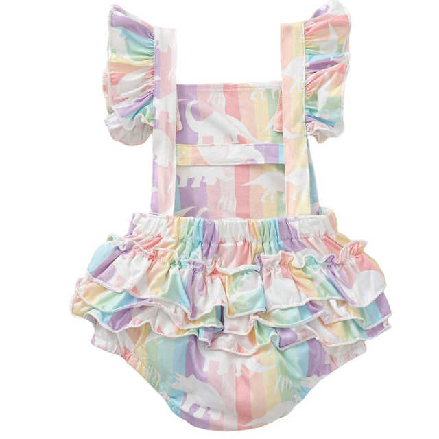 Summer Infant Baby Girls Romper Fashion Ruffles Sleeve Rainbow Stripe Backless Jumpsuits