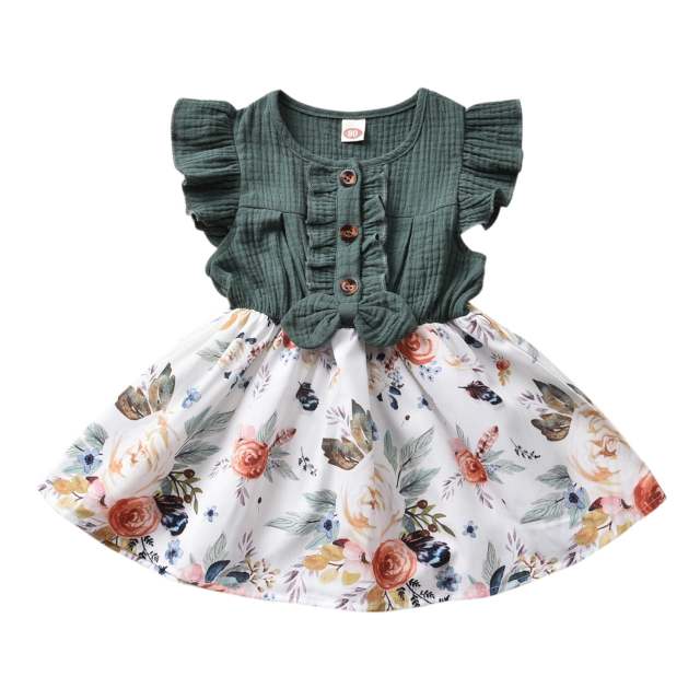 Summer 1-4 Y Baby Girls Dress Bowknot Flowers Print Ruffles Sleeve Knee Length A-Line Dress