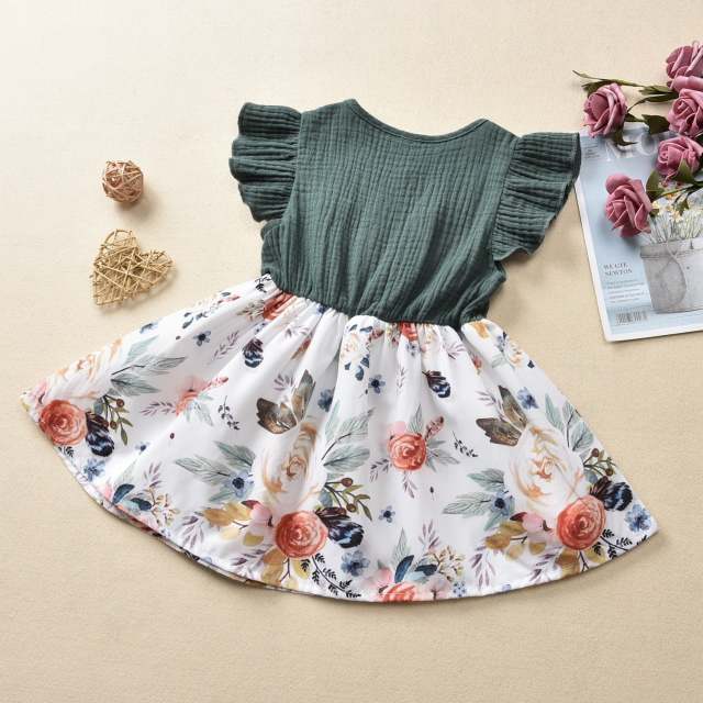 Summer 1-4 Y Baby Girls Dress Bowknot Flowers Print Ruffles Sleeve Knee Length A-Line Dress