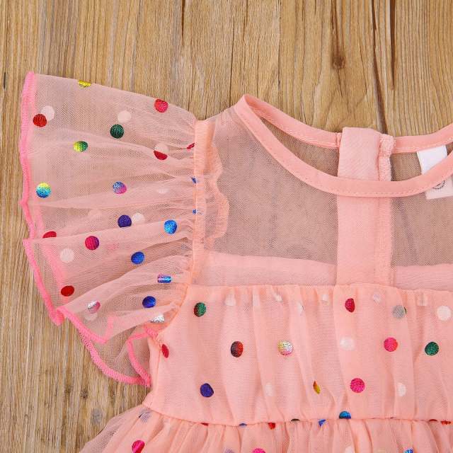 Summer Baby Girls Short Sleeves Mesh Dress Colorful Polka Dot Print Ruffle Clothes