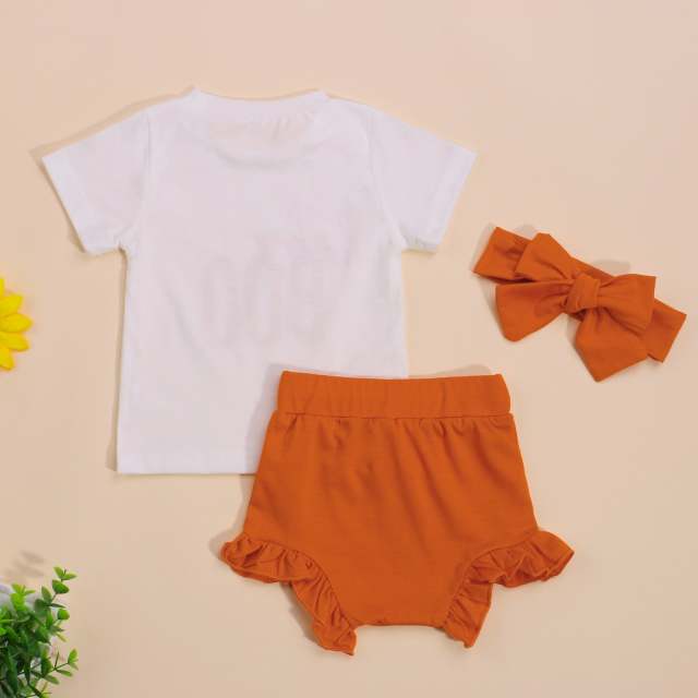 Toddler Baby Girl 3Pcs Outfits Short Sleeve Tops Ruffle Shorts Headband