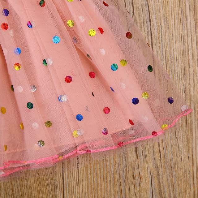 Summer Baby Girls Short Sleeves Mesh Dress Colorful Polka Dot Print Ruffle Clothes