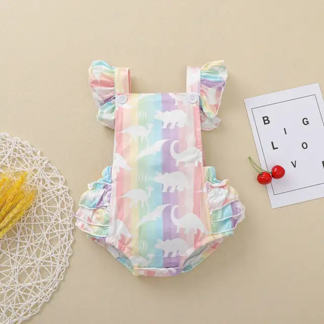 Summer Infant Baby Girls Romper Fashion Ruffles Sleeve Rainbow Stripe Backless Jumpsuits