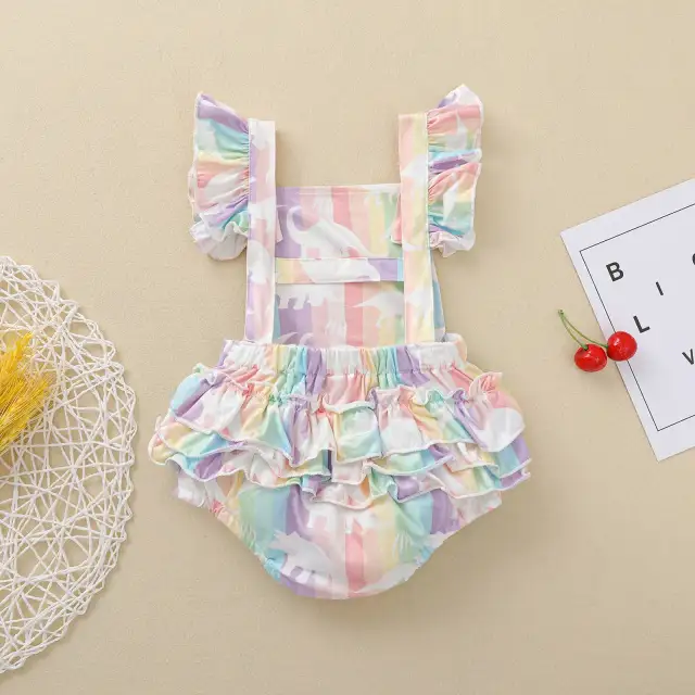 Summer Infant Baby Girls Romper Fashion Ruffles Sleeve Rainbow Stripe Backless Jumpsuits