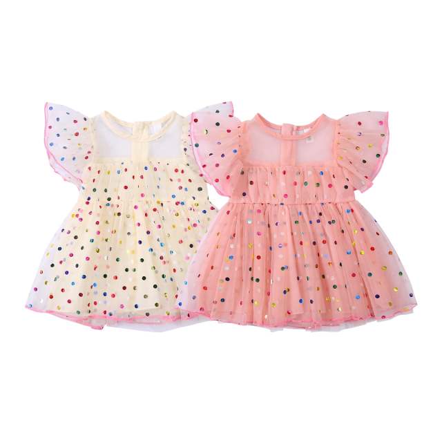 Summer Baby Girls Short Sleeves Mesh Dress Colorful Polka Dot Print Ruffle Clothes