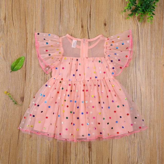 Summer Baby Girls Short Sleeves Mesh Dress Colorful Polka Dot Print Ruffle Clothes