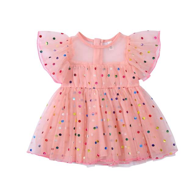 Summer Baby Girls Short Sleeves Mesh Dress Colorful Polka Dot Print Ruffle Clothes