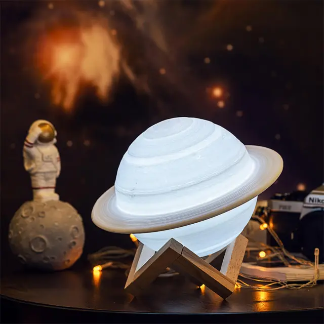 Saturn Lamp for Kids- LED 3D Printing Planet Light with Wood Stand 3 Colors Touch Control USB Rechargeable Gift for Baby Girls Boys Birthday Home Light Decoration