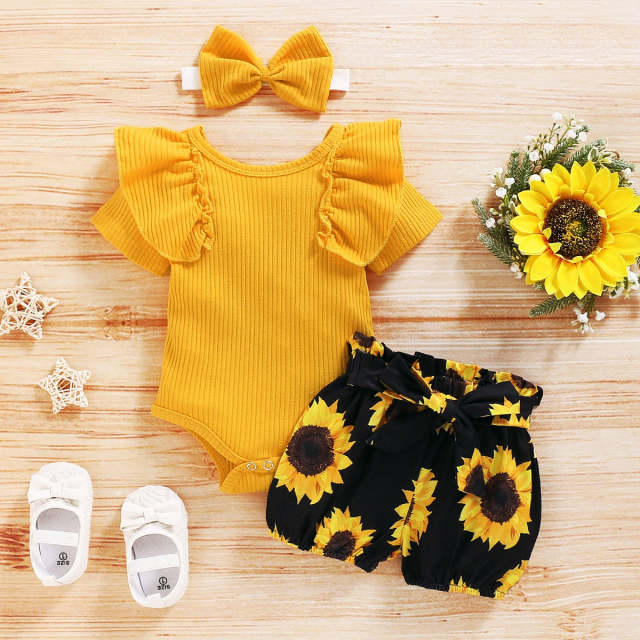 0-24M Baby Girl Clothing Set Yellow Romper Top Sunflower Shorts 3Pcs