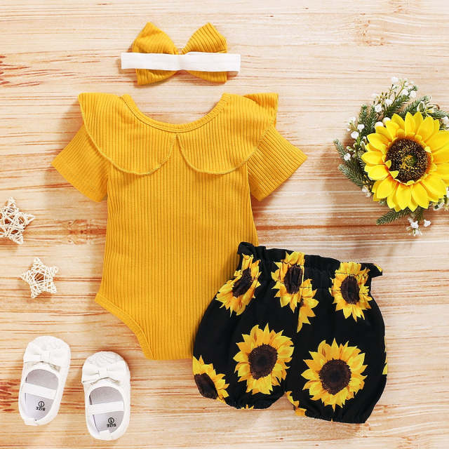 0-24M Baby Girl Clothing Set Yellow Romper Top Sunflower Shorts 3Pcs