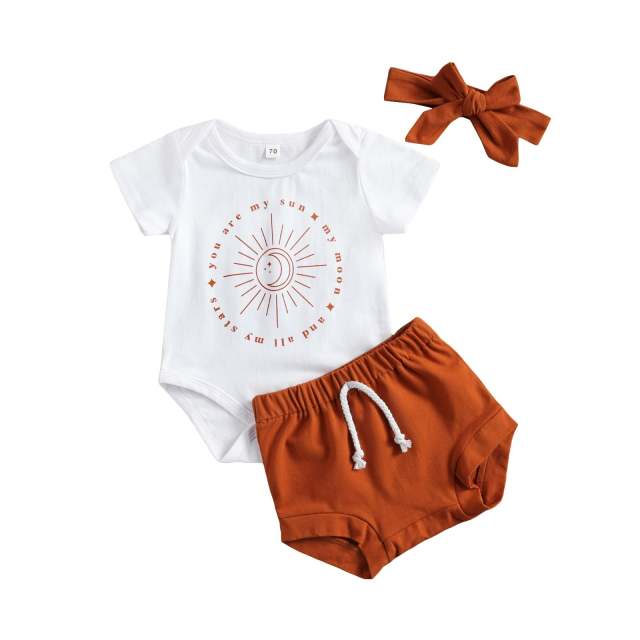 Newborn Baby Girl Clothes 0-18M Infant Girl Summer Sun Moon Romper Shorts Bowknot Headband Set