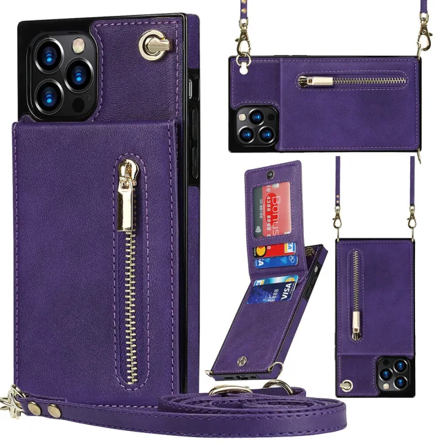 Wallet Case for iPhone 13 Pro Max- Crossbody PU Leather Phone Case with Card Holder Kickstand Magnetic Closure Flip Folio Zipper Purse