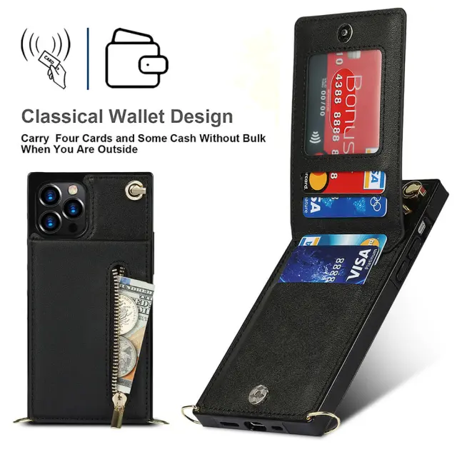 Wallet Case for iPhone 13 Pro Max- Crossbody PU Leather Phone Case with Card Holder Kickstand Magnetic Closure Flip Folio Zipper Purse