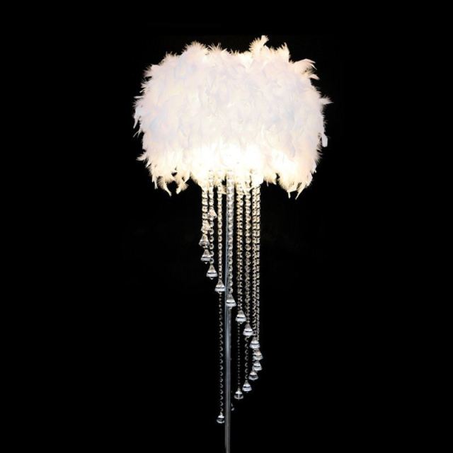 Modern Crystal Floor Lamp with Feather Shade,Chrome Finish and Plentiful Crystals for Living Room/ Bedroom/ Bedside