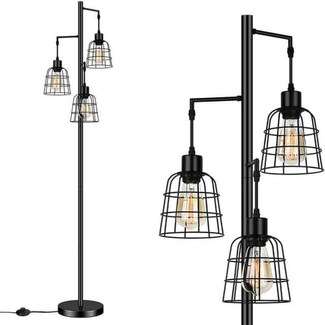 3 Lights Farmhouse Floor Lamp,Industrial Floor Lamp with Cage Hanging Shade,for Living Room Study Room