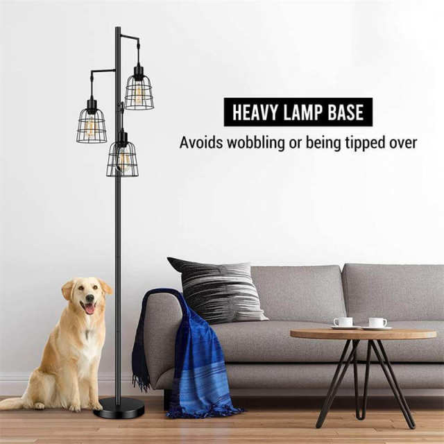 3 Lights Farmhouse Floor Lamp,Industrial Floor Lamp with Cage Hanging Shade,for Living Room Study Room