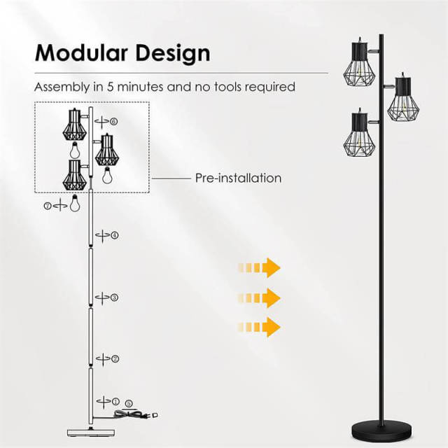 Industrial Floor Lamp, 3 Lights Farmhouse Tree Standing Lamp, Adjustable Cage Heads Independent Control Floor Lamps for Living Room Bedroom