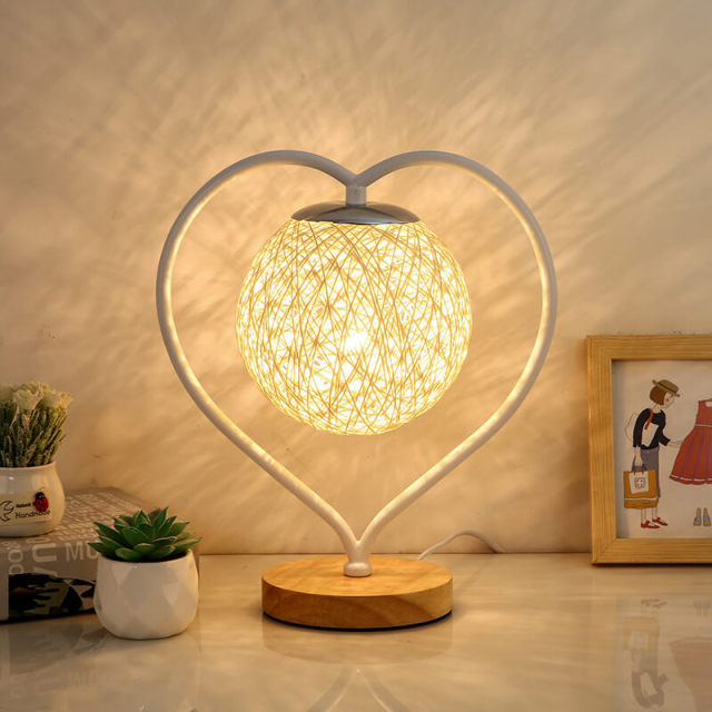 Table Lamp - Iron Heart Shape with Rattan Ball Shade Table Light Decorative Lamp Home Bedroom Bedside Romantic Decoration