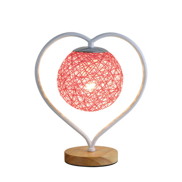 Table Lamp - Iron Heart Shape with Rattan Ball Shade Table Light Decorative Lamp Home Bedroom Bedside Romantic Decoration