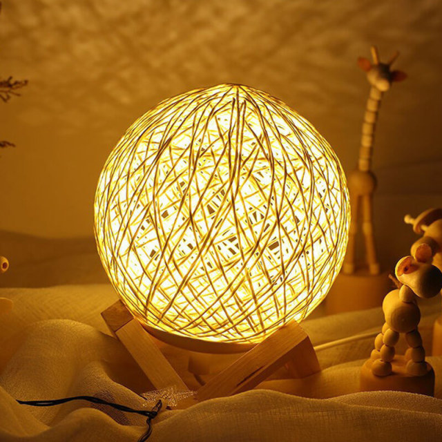 Night Light for Kids Rattan Ball Moon Light 5.9 inch LED Globe Rattan Ball Lamp with Solid Wood Base USB Dimmable LED Projector Night Lamps