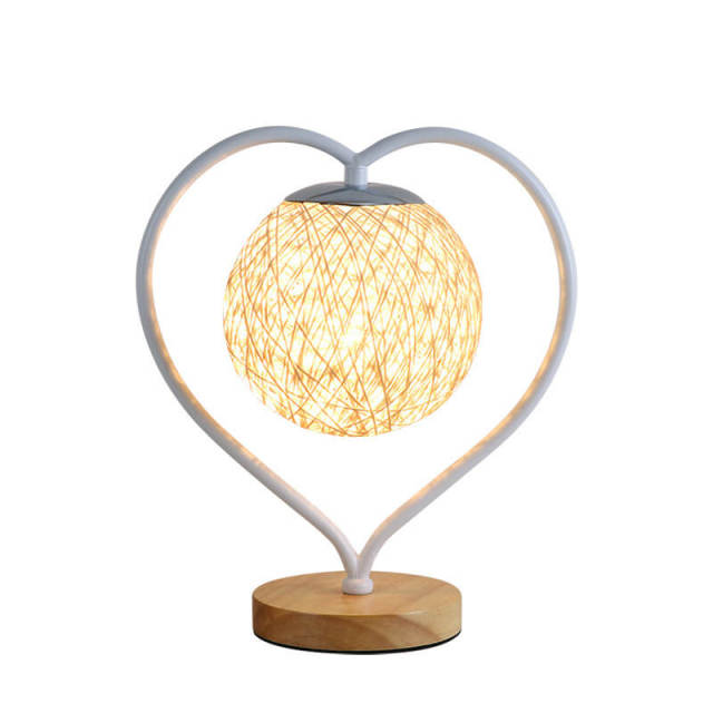 Table Lamp - Iron Heart Shape with Rattan Ball Shade Table Light Decorative Lamp Home Bedroom Bedside Romantic Decoration