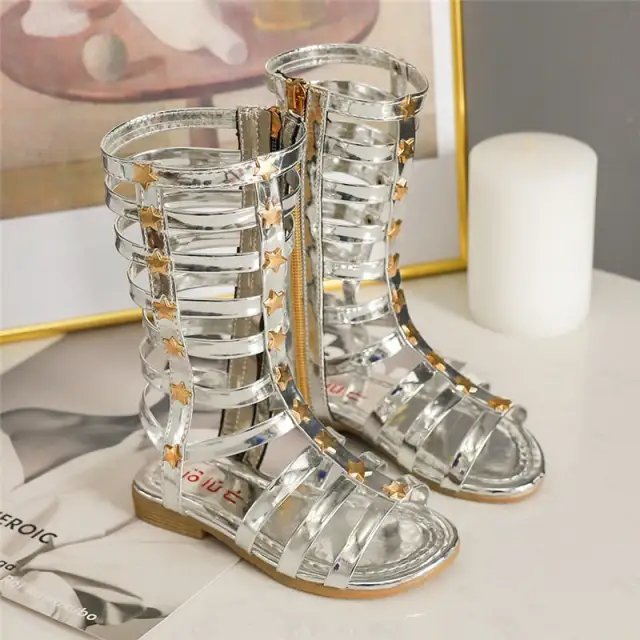 Kids Girls Gladiator Sandals Strappy Flat Knee High Zip Up Boots Shoes