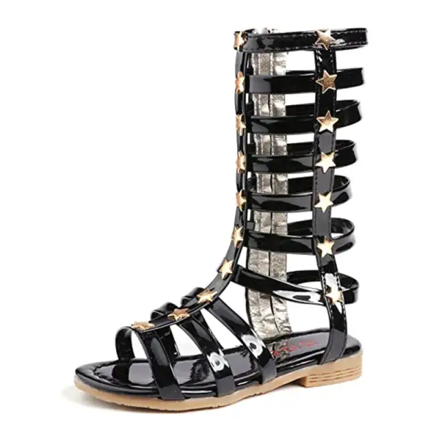 Kids Girls Gladiator Sandals Strappy Flat Knee High Zip Up Boots Shoes