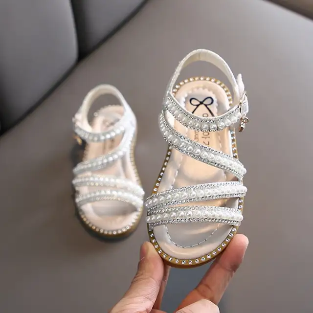 Girls Summer Sandals Pearl Beads Princess Shoes Kids Wedding Shoes