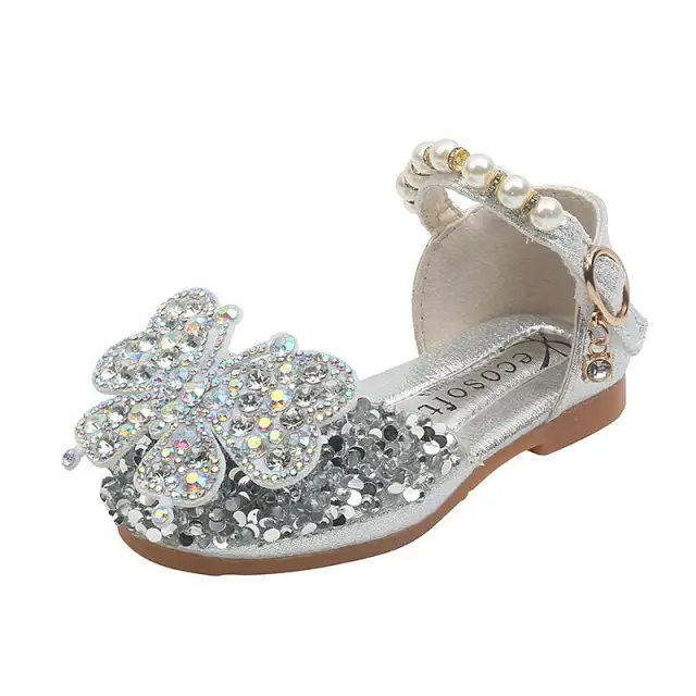 Kids Rhinestone Bowknot Princess Shoes Children Leather Butterfly Sandals