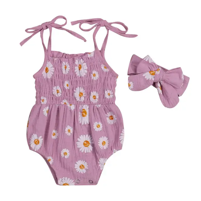 Baby Girls Cotton Bodysuits Sleeveless Strap Jumpsuits+Headband 2Pcs Outfits