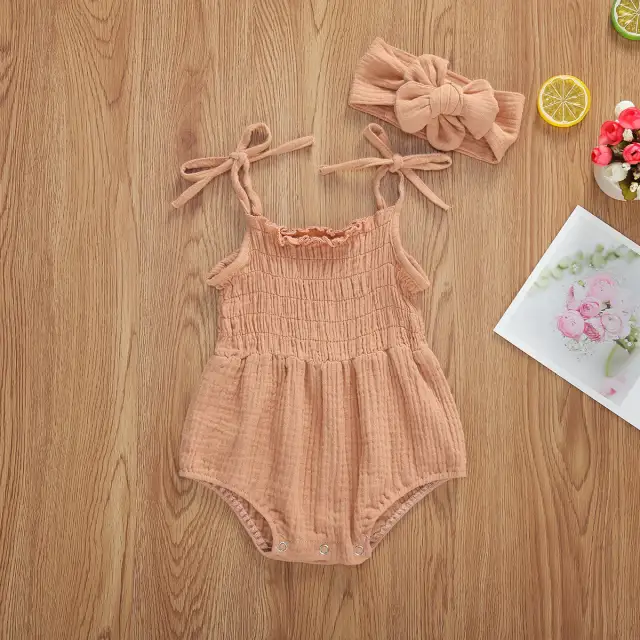 Baby Girls Cotton Bodysuits Sleeveless Strap Jumpsuits+Headband 2Pcs Outfits