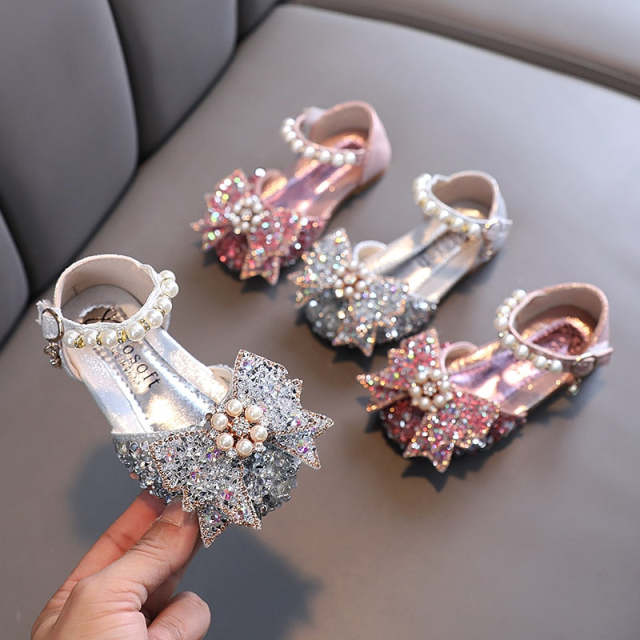 Girls Princess Shoes Baby Pearl Bow Sandals Kids Bling Dance Party Shoes