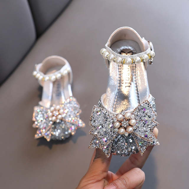 Girls Princess Shoes Baby Pearl Bow Sandals Kids Bling Dance Party Shoes