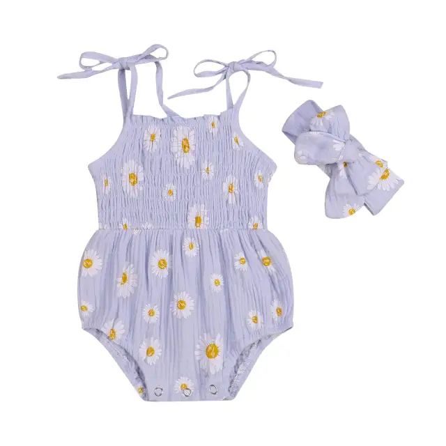 Baby Girls Cotton Bodysuits Sleeveless Strap Jumpsuits+Headband 2Pcs Outfits