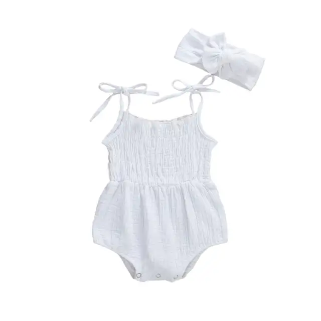 Baby Girls Cotton Bodysuits Sleeveless Strap Jumpsuits+Headband 2Pcs Outfits