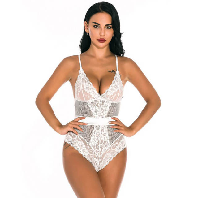 OOVOV Sexy Lingerie for Women Sheer Mesh One Piece High Waist Lace Bodysuit Deep V-Neck Teddy