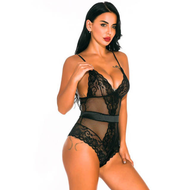 OOVOV Sexy Lingerie for Women Sheer Mesh One Piece High Waist Lace Bodysuit Deep V-Neck Teddy