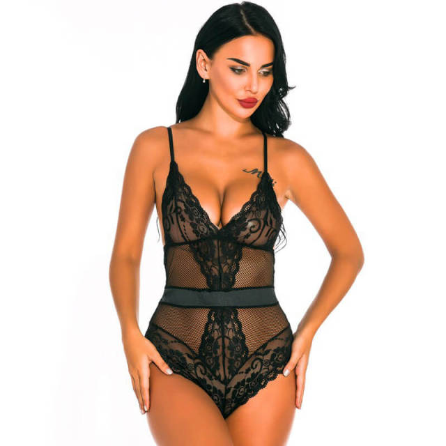 OOVOV Sexy Lingerie for Women Sheer Mesh One Piece High Waist Lace Bodysuit Deep V-Neck Teddy