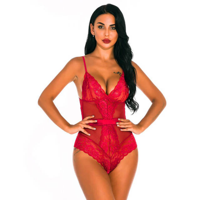 OOVOV Sexy Lingerie for Women Sheer Mesh One Piece High Waist Lace Bodysuit Deep V-Neck Teddy