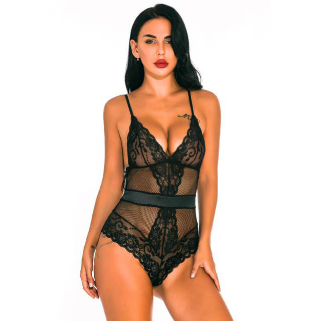 OOVOV Sexy Lingerie for Women Sheer Mesh One Piece High Waist Lace Bodysuit Deep V-Neck Teddy